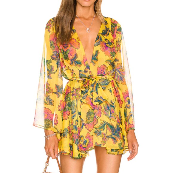 MISA Kaia Dress Grand Canary Yellow Floral Pink Boho Size L NEW - Picture 1 of 8